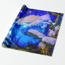 Blauwe kerstbal, sneeuw cadeaupapier