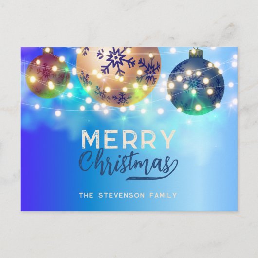 Blauwe kerstballen Twinkling String Lights Feestdagenkaart (Voorkant)