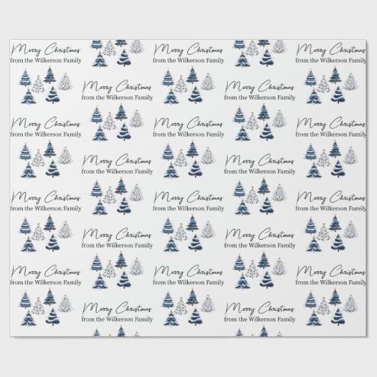 Blauwe kerstbomen aangepaste naam cadeaupapier (Vlak)