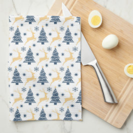 BLAUWE KERSTBOMEN & GEEL VAKANTIE RENDIER THEEDOEK