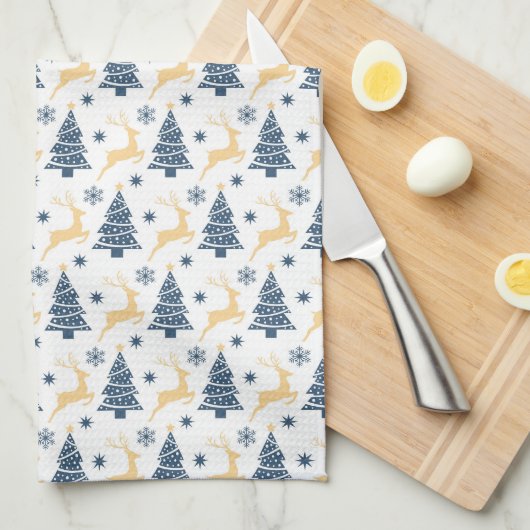 BLAUWE KERSTBOMEN & GEEL VAKANTIE RENDIER THEEDOEK (Quarter Fold)