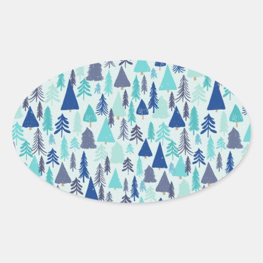 Blauwe kerstbomen in een Evergreen Forest Ovale Sticker (Voorkant)