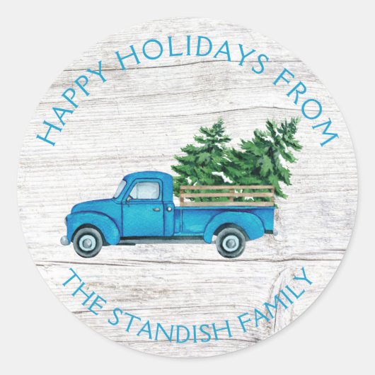  Blauwe Kerstbomen Rustic Wood Ronde Sticker (Voorkant)