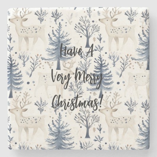 Blauwe Kerstbomen Witte Herten Stenen Onderzetter (Voorkant)