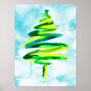 Blauwe kerstboom abstract waterverf Poster