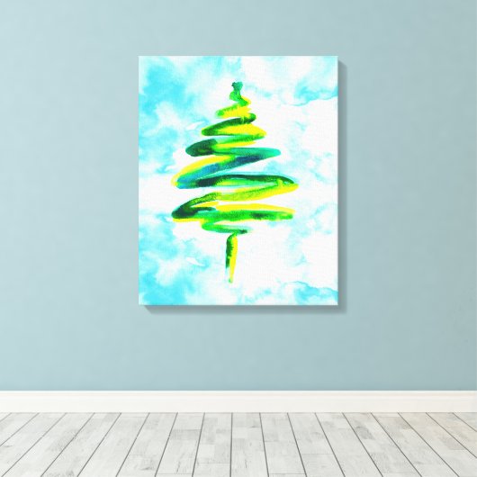 Blauwe kerstboom abstracte waterverf Canvas (Insitu (Houten vloer))