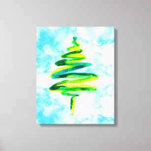 Blauwe kerstboom abstracte waterverf Canvas Afdruk