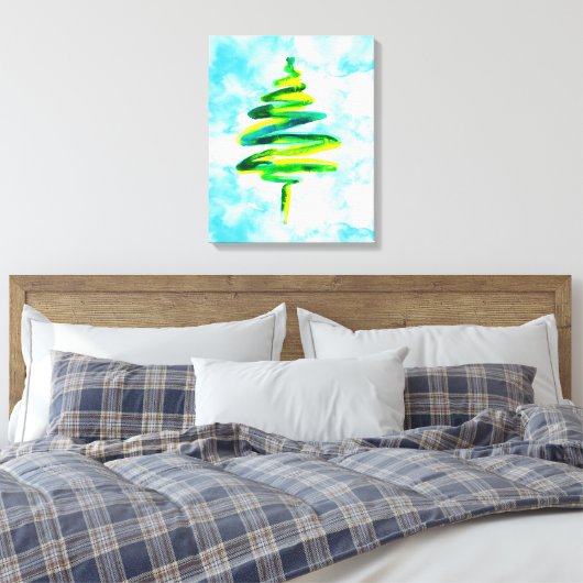 Blauwe kerstboom abstracte waterverf Canvas Afdruk (Insitu (Slaapkamer))