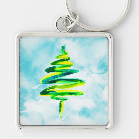 Blauwe kerstboom abstracte waterverf Sleutelhanger (Voorkant)