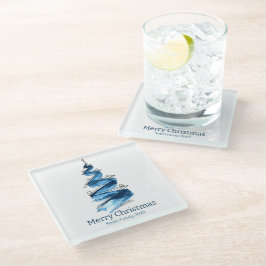 Blauwe kerstboom aquarel glazen onderzetter