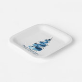 Blauwe kerstboom aquarel papieren bordje (Gebogen)