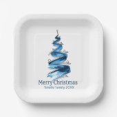 Blauwe kerstboom aquarel papieren bordje (Voorkant)