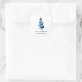 Blauwe kerstboom aquarel vierkante sticker