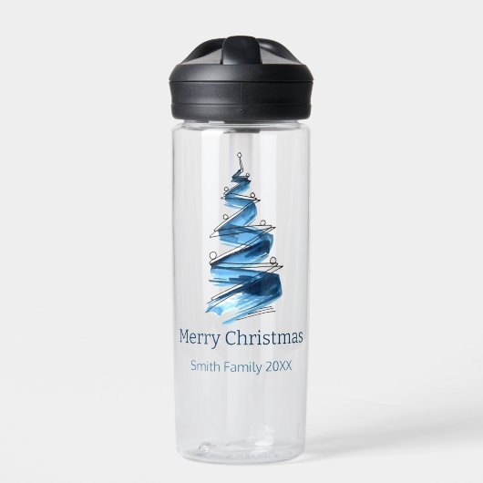 Blauwe kerstboom aquarel waterfles (Voorkant)
