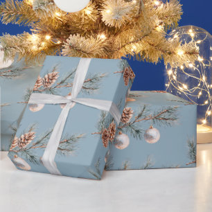 Blauwe Kerstboom Dennenkegels Versiering Cadeaupapier