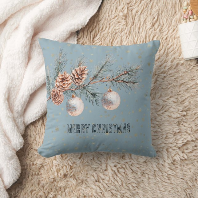 Blauwe Kerstboom Dennenkegels Versiering   Kussen (Deken)