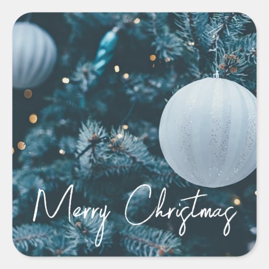 Blauwe kerstboom en kerstballen vierkante sticker (Voorkant)