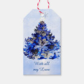 Blauwe kerstboom en sneeuwvlokken cadeaulabel (Voorkant)