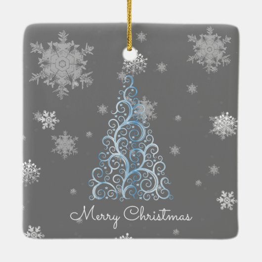 Blauwe kerstboom en sneeuwvlokken keramisch ornament (Achterkant)