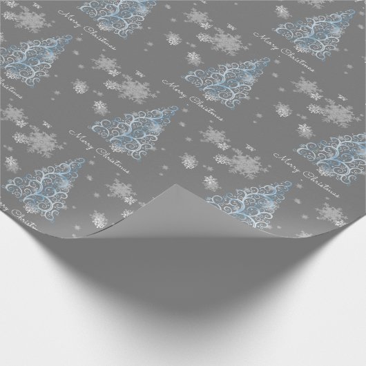 Blauwe kerstboom en sneeuwvlokken Verpakkingspapie Cadeaupapier (Hoek)