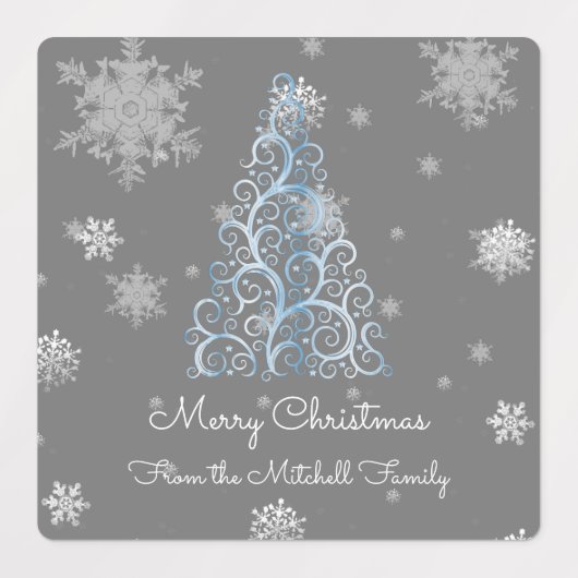 Blauwe kerstboom en Snowflakes baklabels Labels (Design 1)