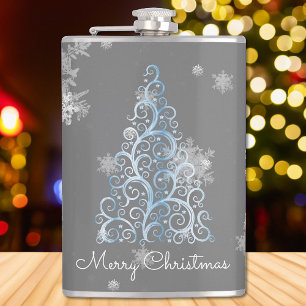 Blauwe kerstboom en Snowflakes fles Heupfles