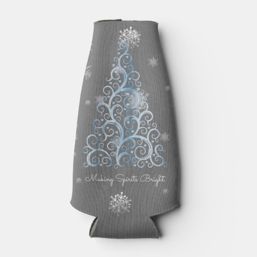 Blauwe kerstboom en Snowflakes flessenkoeler Flesjeskoeler (Voorkant)