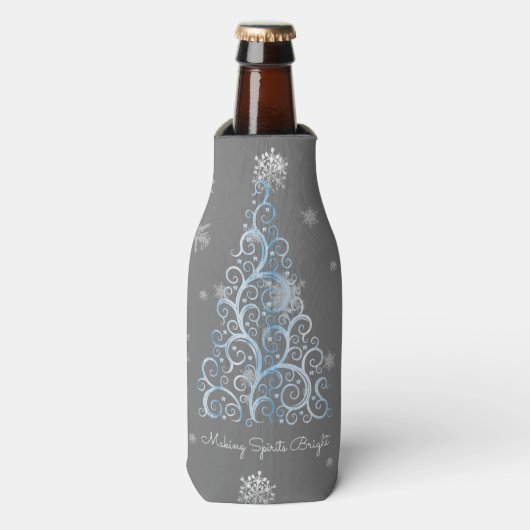 Blauwe kerstboom en Snowflakes flessenkoeler Flesjeskoeler (Fles Voorkant)
