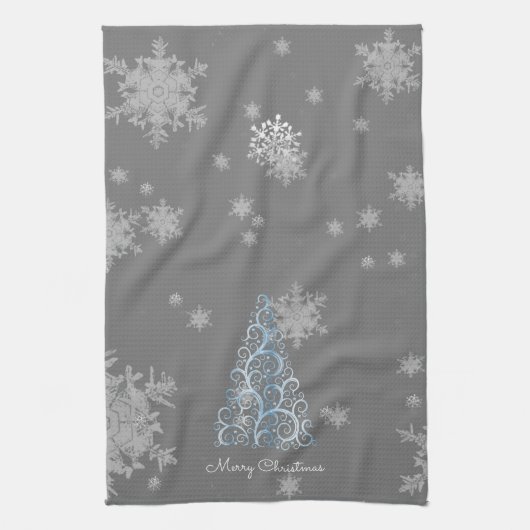 Blauwe kerstboom en Snowflakes keukenhanddoek (Verticaal)