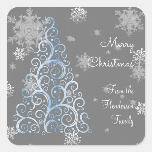 Blauwe kerstboom en Snowflakes Sticker (Voorkant)