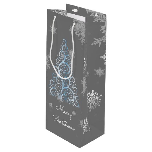 Blauwe kerstboom en Snowflakes Wijn Gift Bag Wijn Cadeautas (Voorkant Gekanteld)