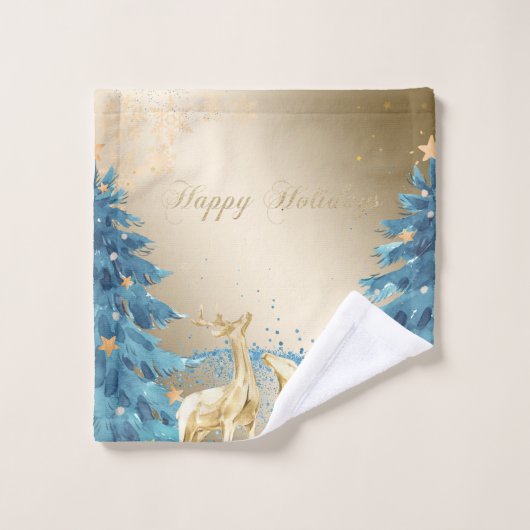 Blauwe Kerstboom, Gouden Rendieren, Sneeuwvlokken Bad Handdoek (Wasdoekje)