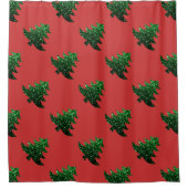 Blauwe kerstboom, groen sparken patroon rood douchegordijn (Voorkant)