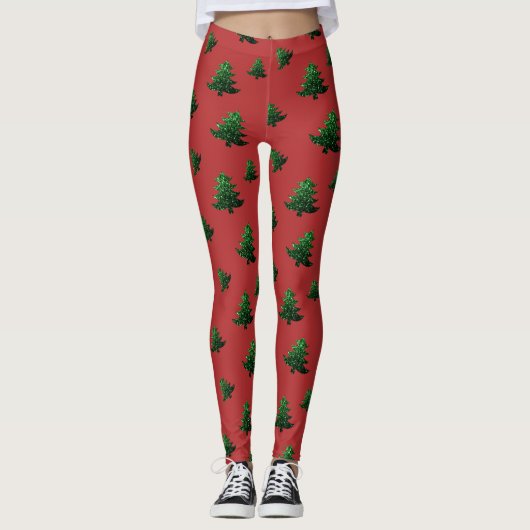 Blauwe kerstboom, groen sparken patroon rood leggings (Voorkant)