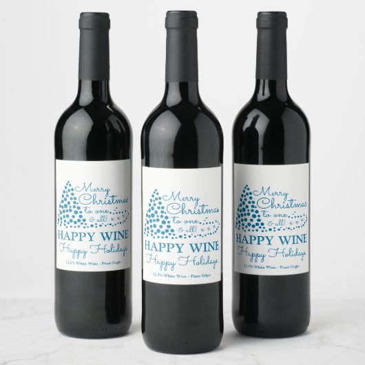Blauwe kerstboom, Happy Wine Prettige feestdagen W Wijn Etiket (Flessen)