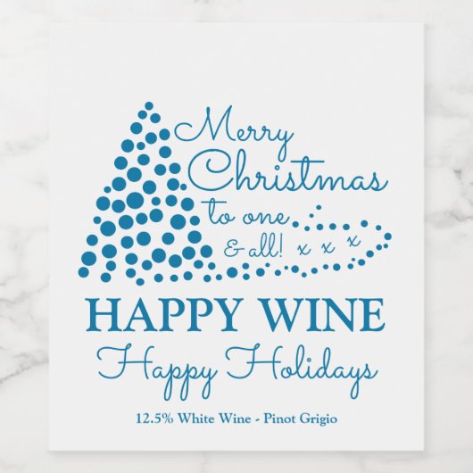 Blauwe kerstboom, Happy Wine Prettige feestdagen W Wijn Etiket (Enkel label)