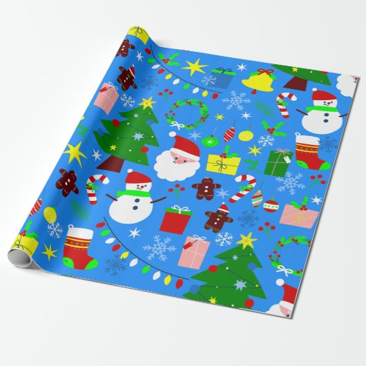 blauwe kerstboom-kerstman cadeaupapier (Uitgerold)