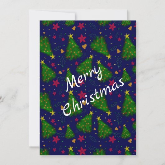 Blauwe kerstboom met klokken en rode bloemen kaart (Voorkant)