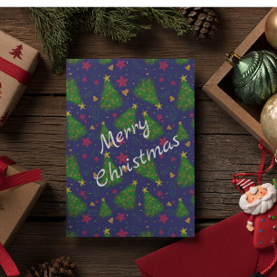 Blauwe kerstboom met klokken en rode bloemen kaart