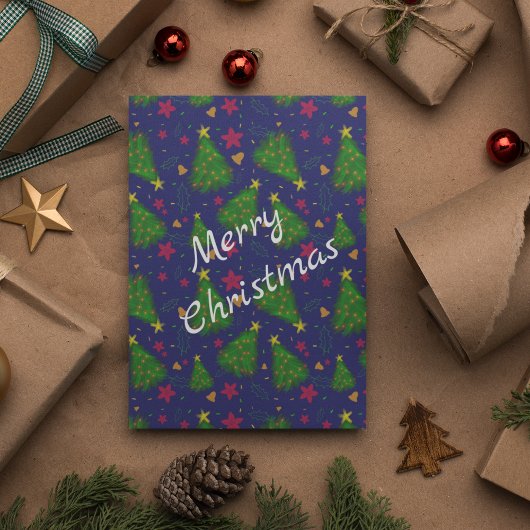 Blauwe kerstboom met klokken en rode bloemen kaart