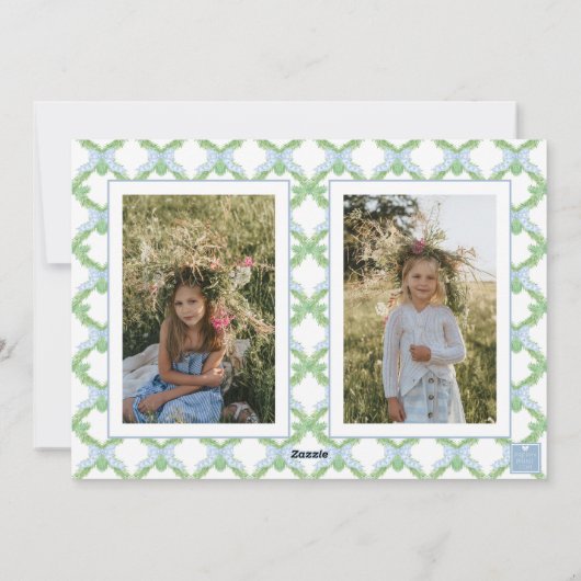 Blauwe Kerstboom Monogram Crest Foto Feestdagenkaart (Achterkant)