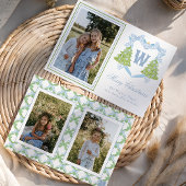 Blauwe Kerstboom Monogram Crest Foto Feestdagenkaart