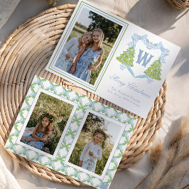 Blauwe Kerstboom Monogram Crest Foto Feestdagenkaart