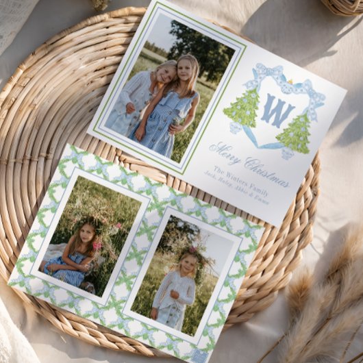 Blauwe Kerstboom Monogram Crest Foto Feestdagenkaart