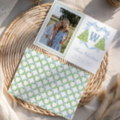 Blauwe Kerstboom Monogram Crest Foto Feestdagenkaart