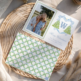 Blauwe Kerstboom Monogram Crest Foto Feestdagenkaart