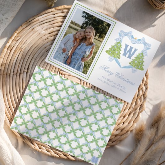 Blauwe Kerstboom Monogram Crest Foto Feestdagenkaart