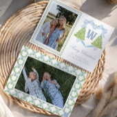 Blauwe Kerstboom Monogram Crest Foto Feestdagenkaart