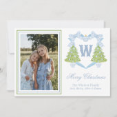 Blauwe Kerstboom Monogram Crest Foto Feestdagenkaart (Voorkant)