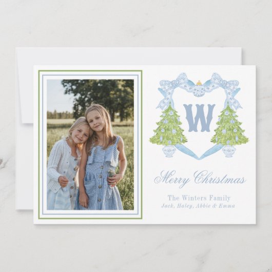 Blauwe Kerstboom Monogram Crest Foto Feestdagenkaart (Voorkant)